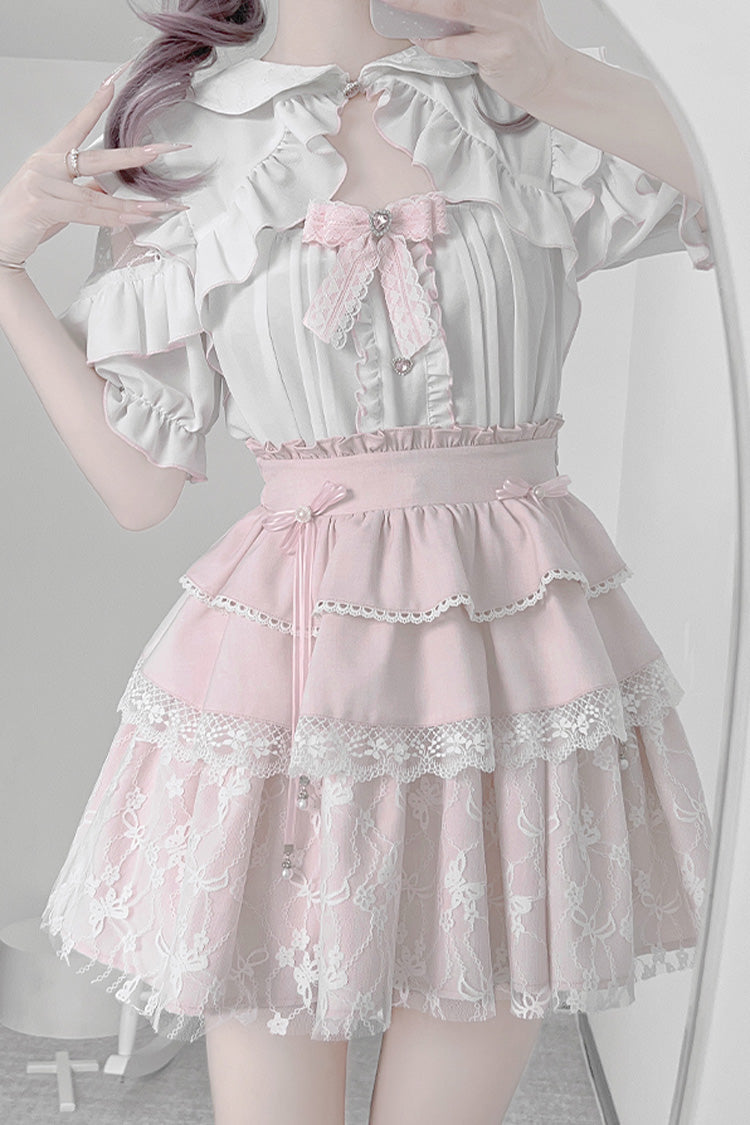 Pale Pink & White Short-Sleeve Triple Ruffled Bow Lace Jirai Kei Skirt Ensemble