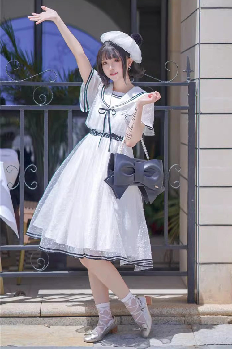 Ivory Navy Collar Ruffled Sailor Dress with Lace-Up - Seaside Sweetheart