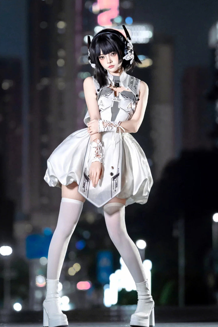 Ivory Printed Sci-Fi Techwear Punk JSK Dress Set - Tech Light Realm