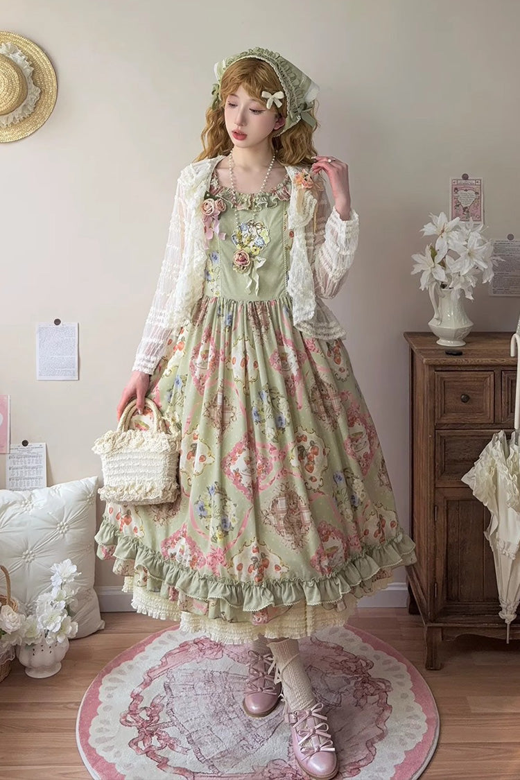 Green Sleeveless Print Ruffle Bowknot Sweet JSK Dress