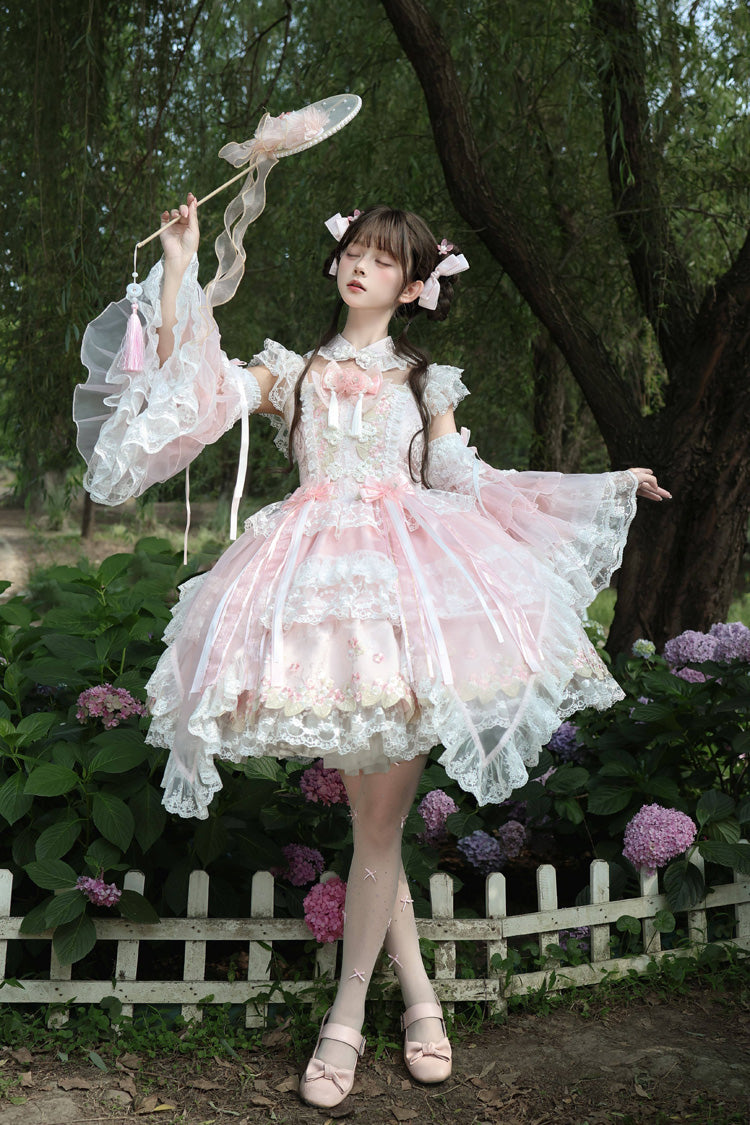 Spring Entwined with Cherry Clouds Short Sleeves Embroidered Bow Lace Sweet Chinese Style Lolita Dress - Pink