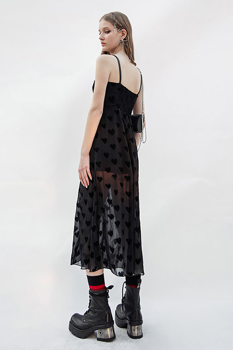 Heart Chiffon Waist Leather Sling Long Gothic Dress