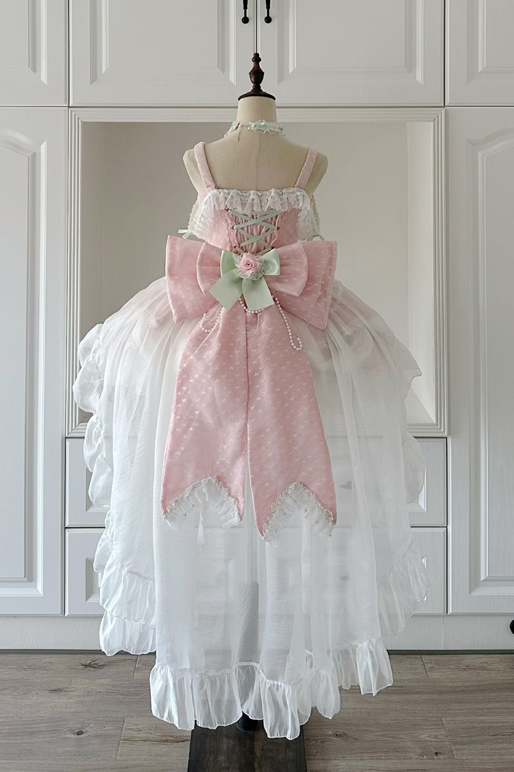 Sleeveless Ruffle Embroidery Bow Lace Pearl Sweet Lolita Jumper Dress - Pink