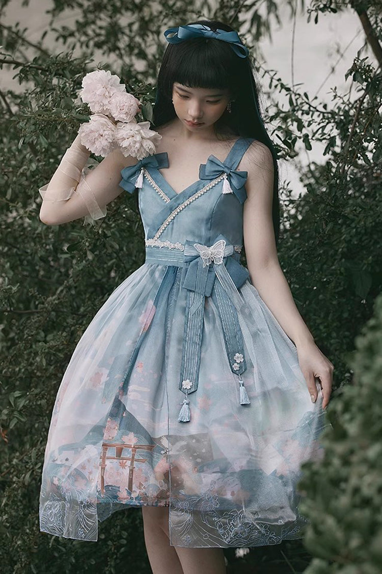 Multicolor Mount Fuji Cherry Blossom Printed Bow Alice Sweet Lolita JSK
