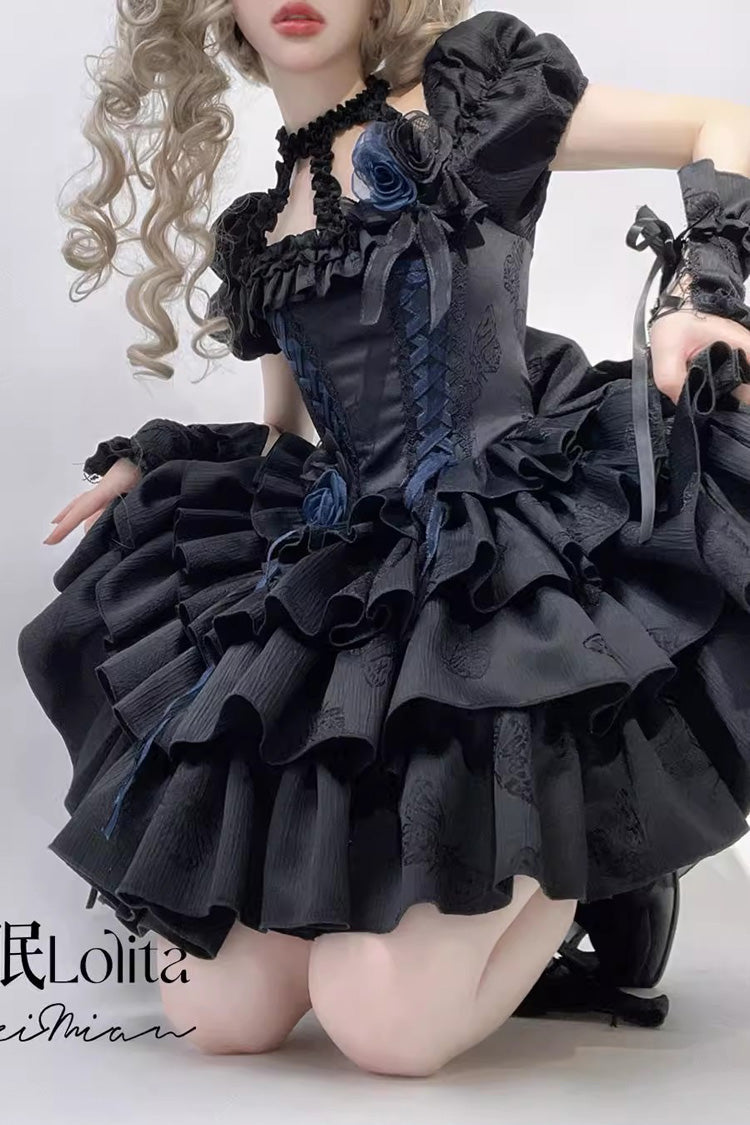Romantic Black Multi-Layered Ruffle Bowknot Lace-Up Fishbone Short Sleeve Halter Gothic Lolita Gown