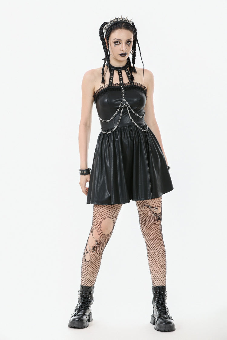 Halterneck Zippered Chain-Decorated Eyelet Punk Faux Leather Dress