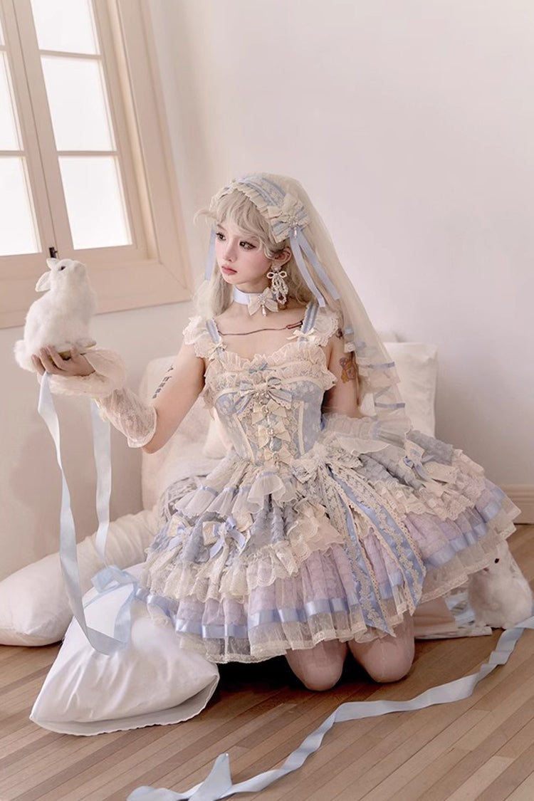 Moonstone Sleeveless Ruffle Embroidery Bow Lace Fishbone Princess Dress in Blue
