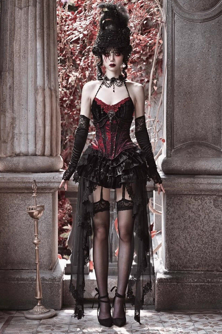Crimson & Black Rococo Boned Bustle with Ruffled Layers