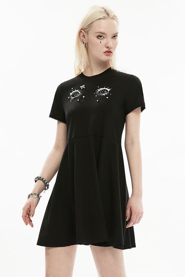 Punk Dress with 3D Eye Print and Lace Details