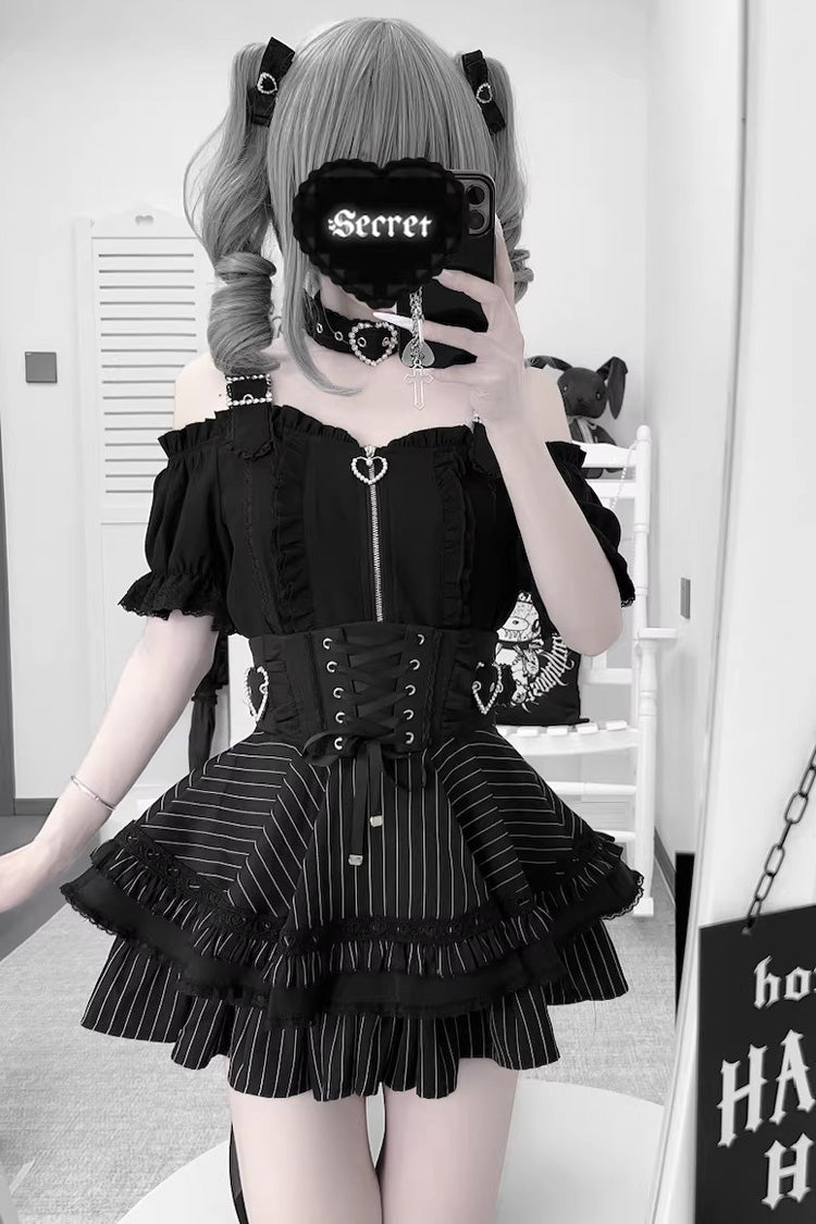 Stand Collar Sleeveless Ruffled Lace-Up Skirt and Blouse Set