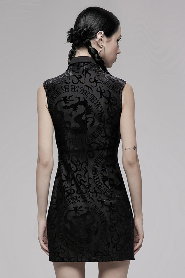 Sleeveless Gothic Gown with Dragon Motif Slit Hem Velvet Stretch