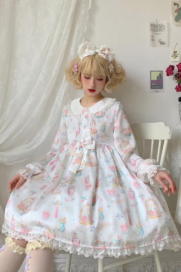 White Apricot Long Sleeve Print Bow Lace Sweet Plus Size Lolita Dress