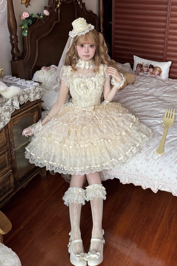 Sweet Apricot Sleeveless Layered Ruffle Hanayome Bow Lolita JSK Gown