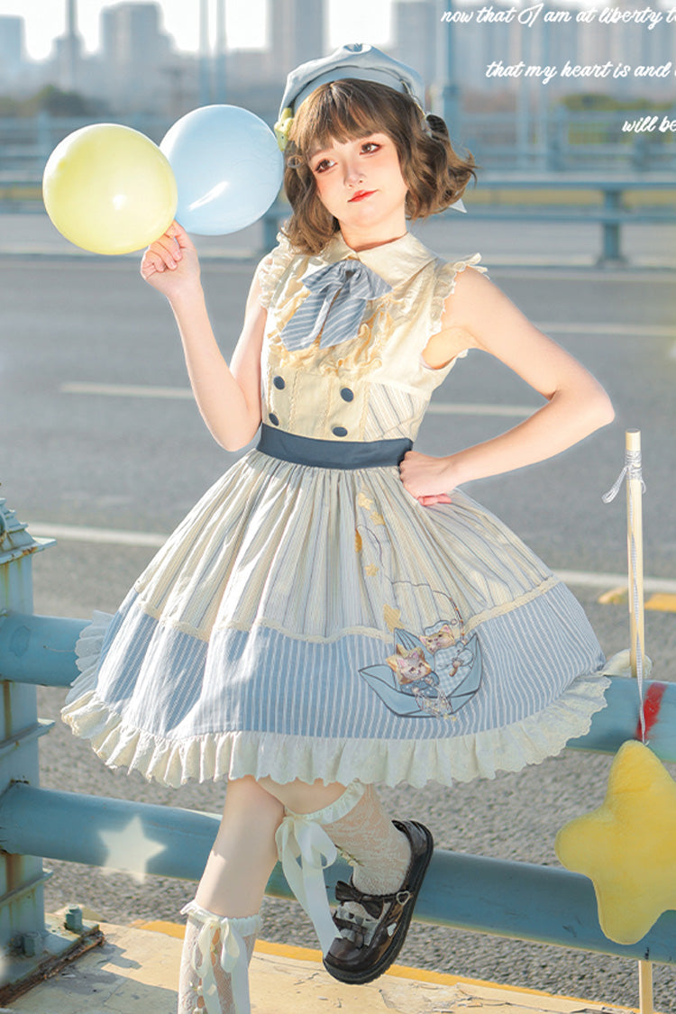 Blue Ivory Star Printed Sleeveless Sweet Lolita Dress - Navy Style