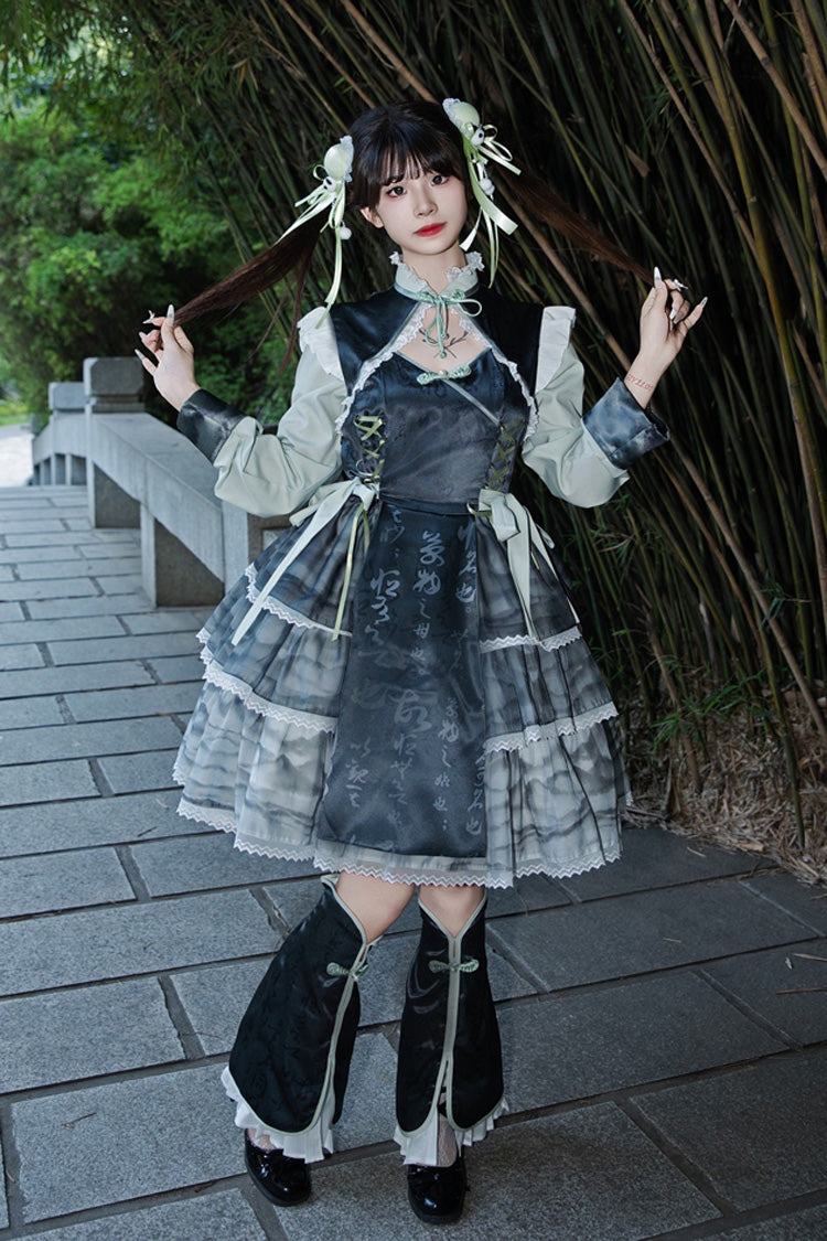 Cheongsam Ink Print Multilayer Bow Sweet Chinese Lolita Jumper Dress 2 Colors