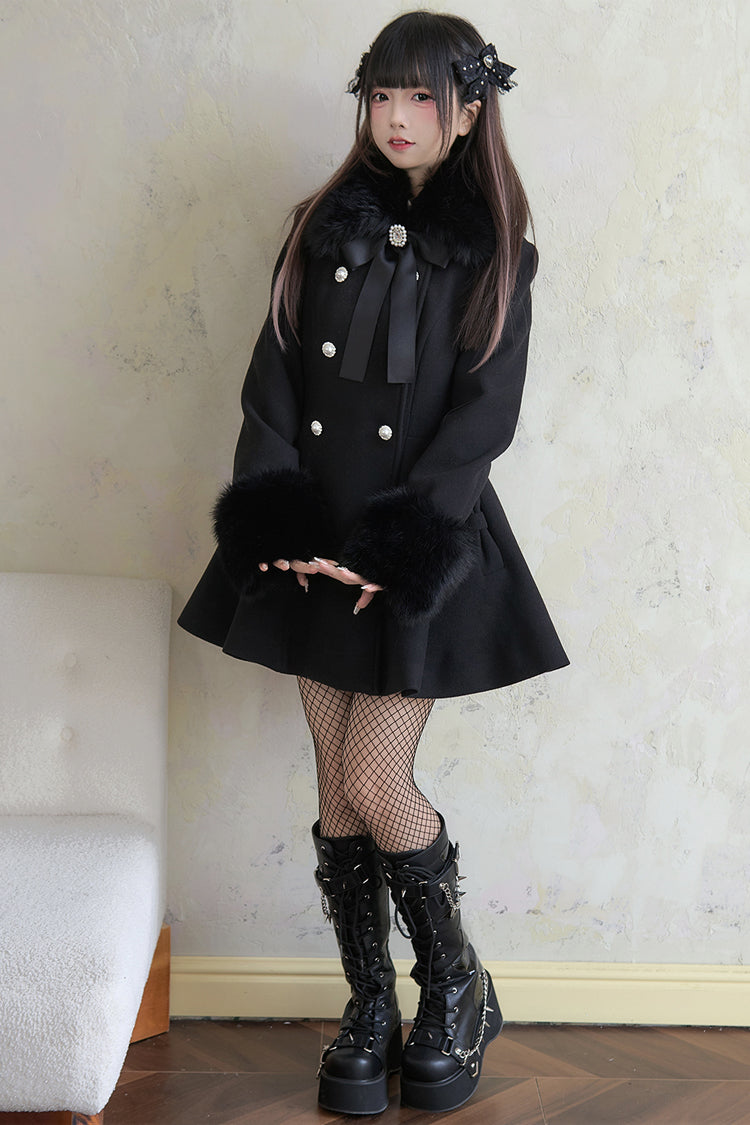 Japanese Sweet Lolita Coat with Double-Breasted Front & Bowknot, Long Sleeves