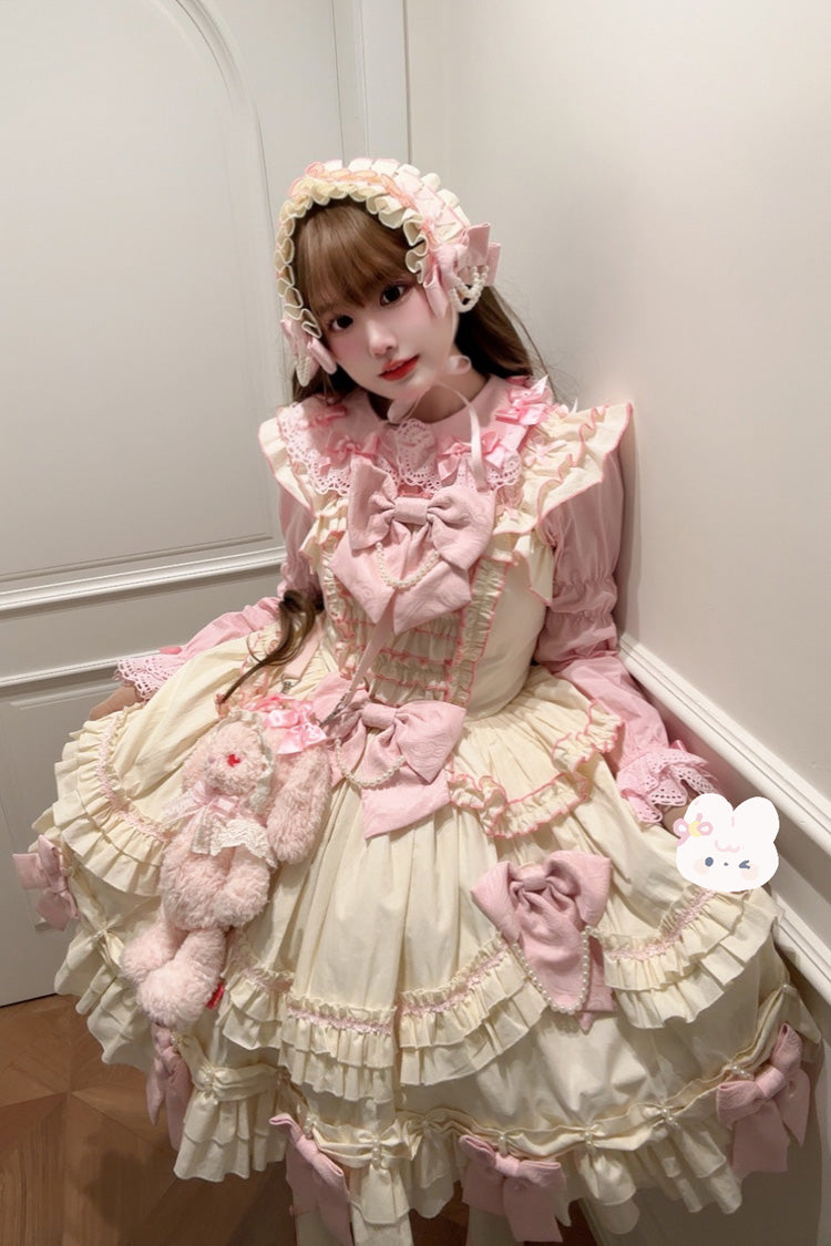Pink Yellow Doll Multi-Layered Ruffle Bowknot Lace Sweet Dress