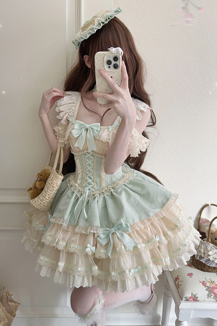 Double-Layered Ruffle Lace Bowknot Sweet Ballet Green Jsk Dress - Flory Butterfly