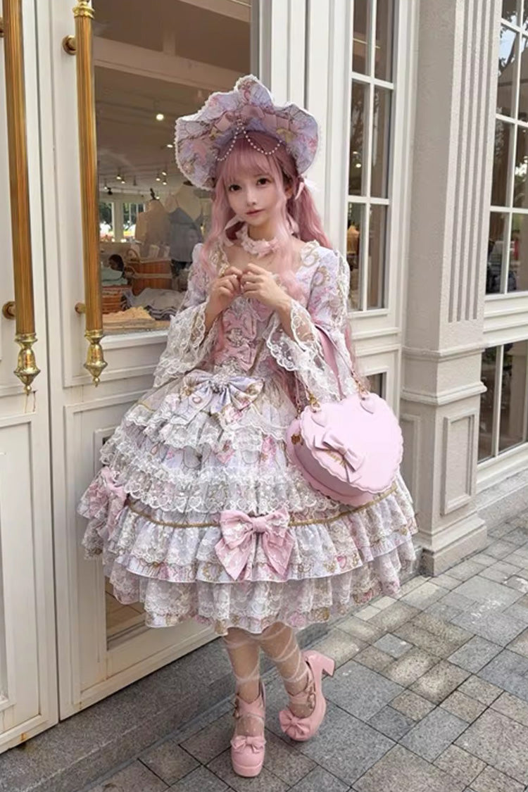 Candlelight Elegance Violet Long Trumpet Sleeves Ruffle Bowknot Lace Elegant Lolita Dress - Candlelight Elegance