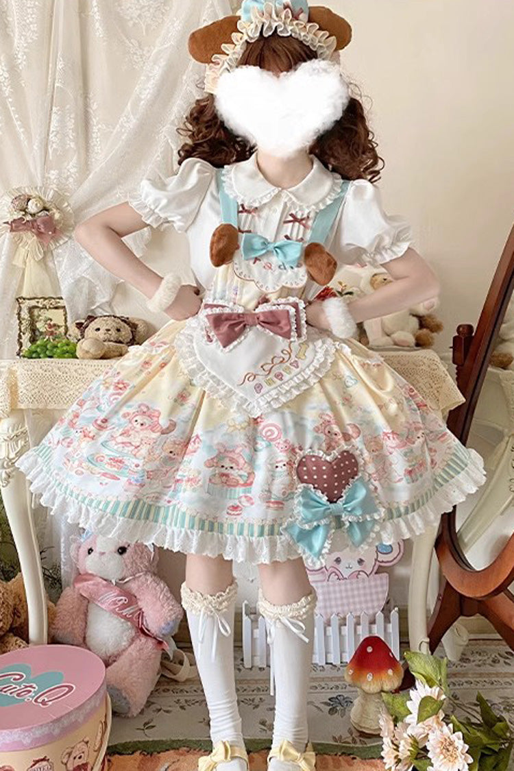 Multi Print Ruffle Bow Vintage Lolita Strap Dress