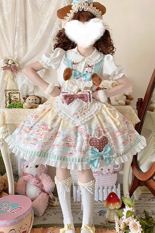 Multi Print Ruffle Bow Vintage Lolita Strap Dress