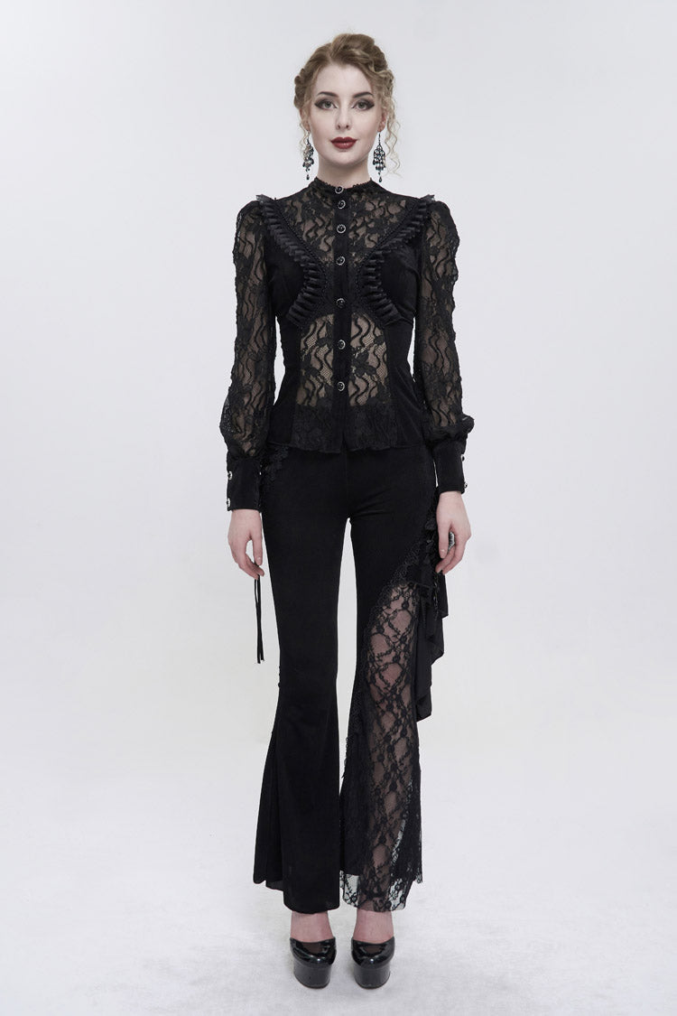 Charcoal Velvet High-Neck Lace Gothic Shirt with Butterfly Embroidery