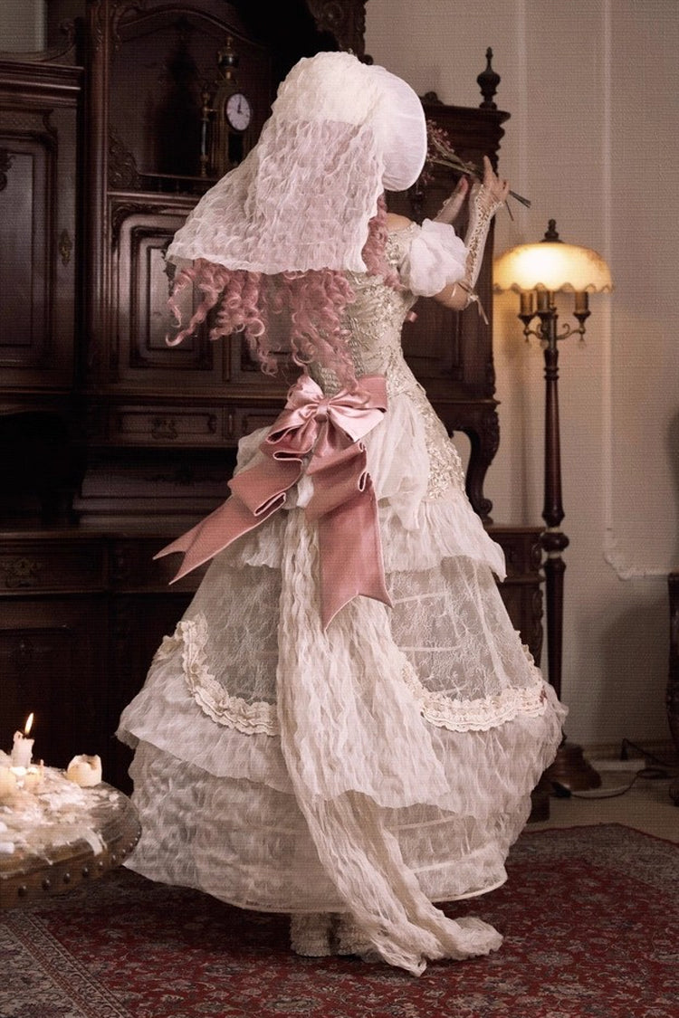 Light Brown Cupid’s Poetry Box Boat Neck Short Puff Sleeves Ruffled Cut-Out Embroidered Bow Lace Gothic Elegant Lolita Skirt Dress and Top Set