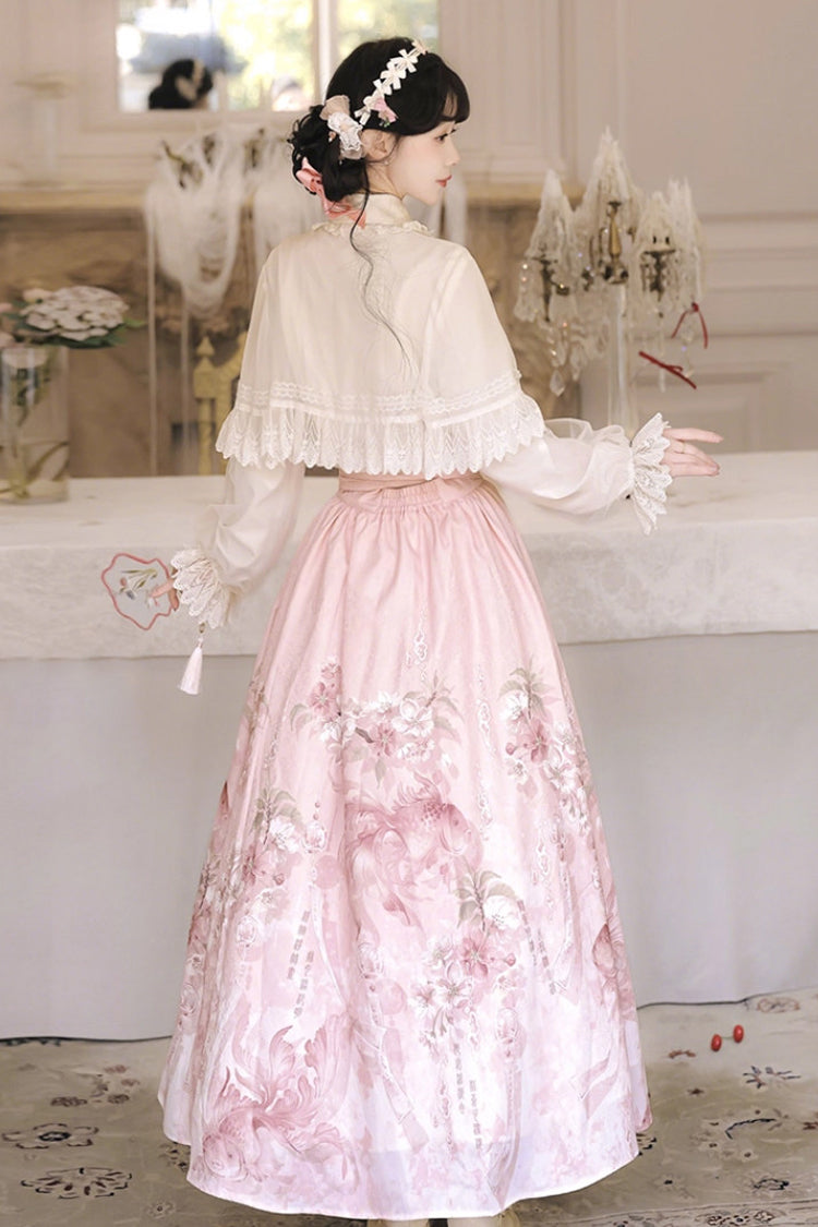 Ivory and Pink Cherry Blossom Rain Lapel Collar Long Sleeve High-Waist Printed Sweet Hanfu Dress Set