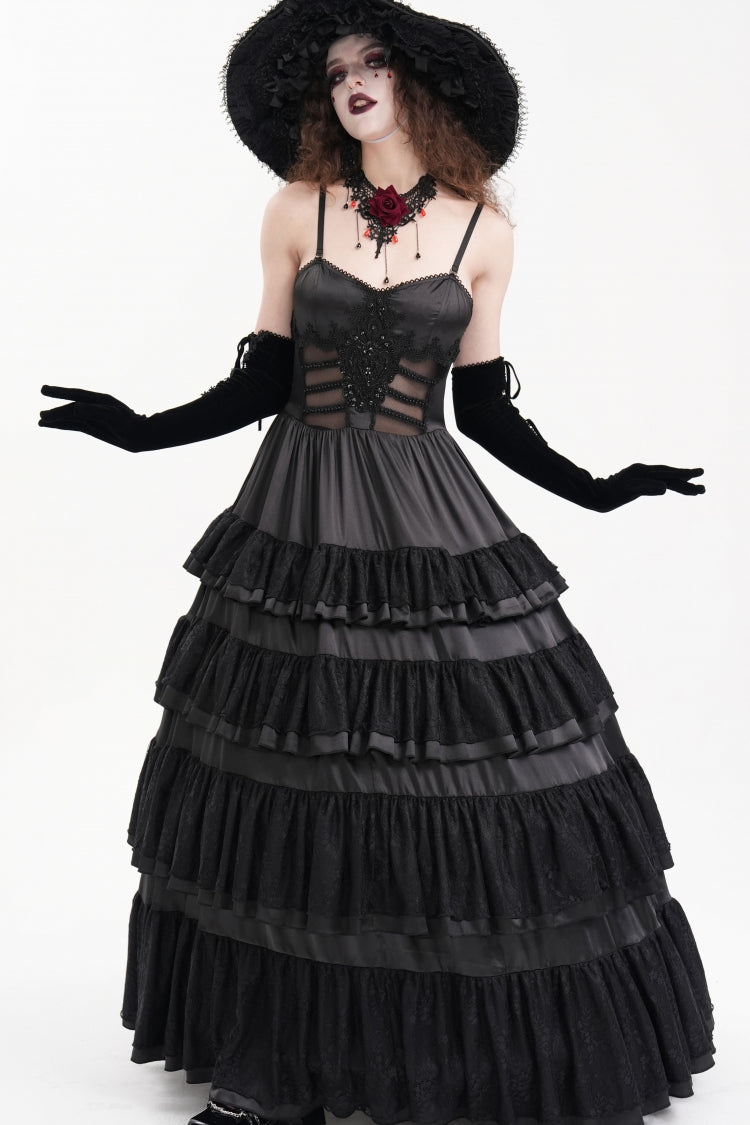Gothic Mesh Dress with Ruffles and Lace-Up, Black