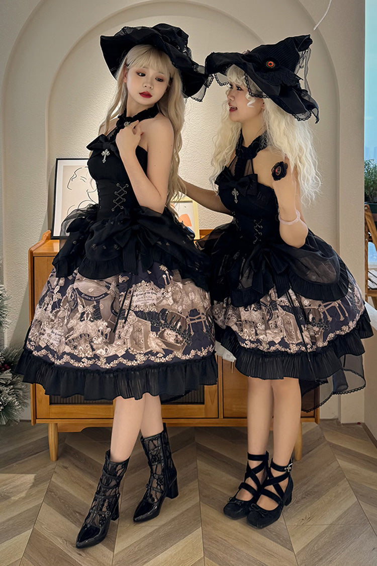 Black The Mystery of The Doll Halterneck Printed Ruffle Bowknot Drawstring Gothic Lolita Dress