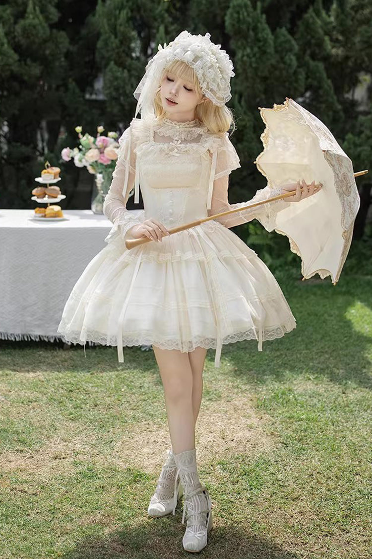Cream Letters Poems Confession Square Collar Sleeveless Frilled Bow Lace Fishbone Sweet Lolita JSK Dress Two Variants