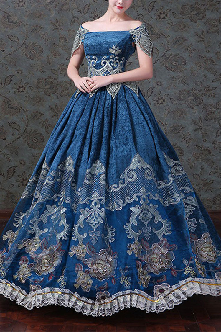 Azure Boat Neck Off-Shoulder High-Waist Embroidered Floral Victorian Lolita Evening Gown