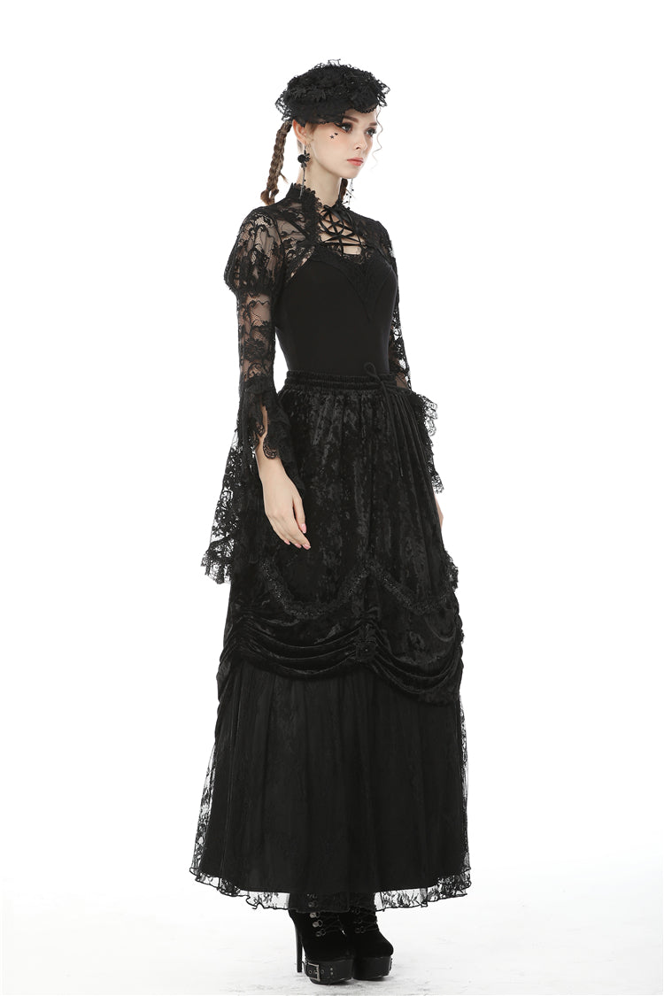 Jet-Black Gothic Cape with Sheer Floral Lace and Lacing for Women