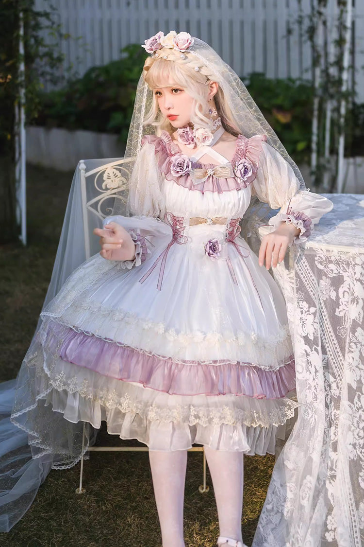 Long Sleeve Multi-Layer Ruffle Bow Lace Lace-Up Sweet Princess Lolita Dress - Purple