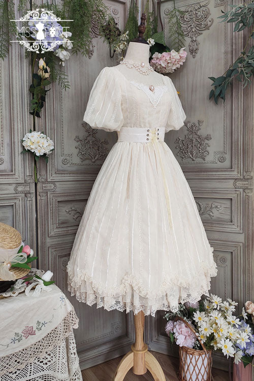 Ivory Square Collar Short Sleeve Multi-Layer Ruffled Classic Lolita OP Dress - Altfashion Shop