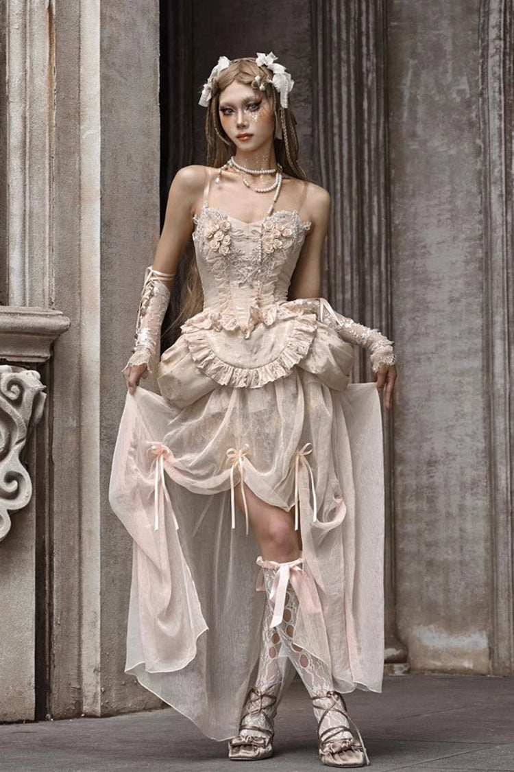 Gothic Apricot V-Collar Sleeveless High-Waist Ruffle Lace Corset Skirt Set