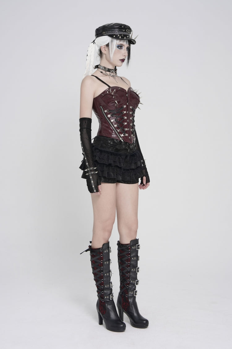 Crimson Studded Punk Corset with Lacing and Zip