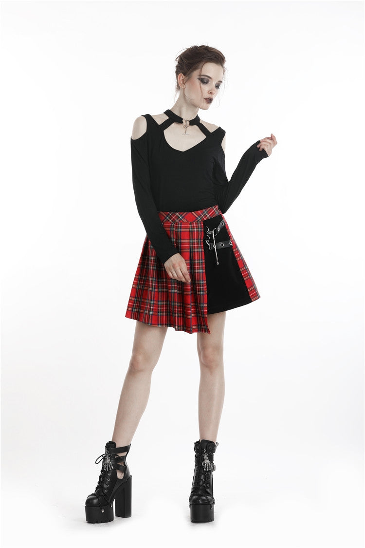 Crimson Plaid Pleated Punk Hem Skirt