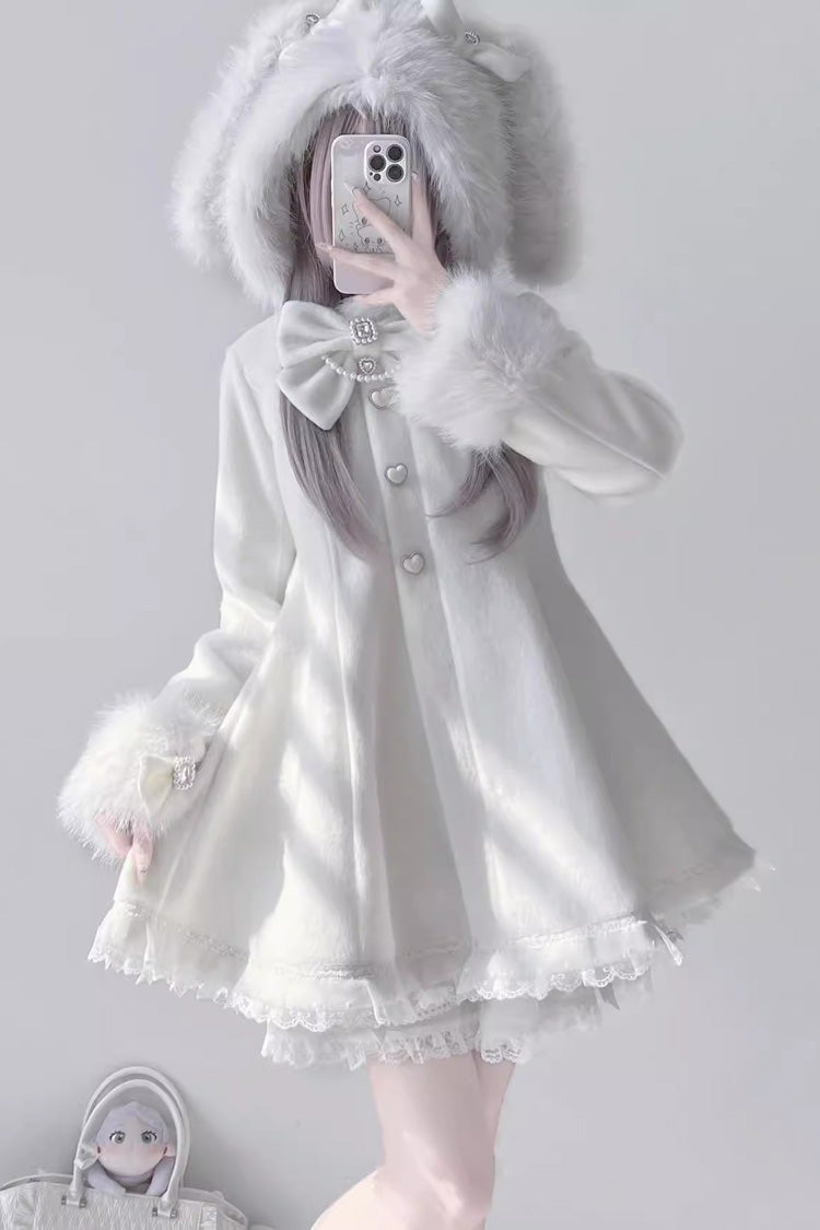 Plush Lop-eared Rabbit Hooded Jirai Kei Coat with Bow and Lace