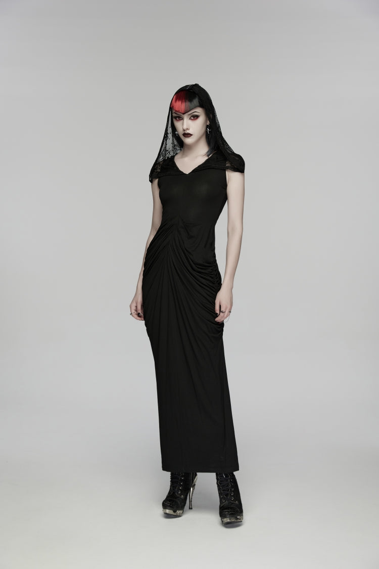 V Collar Short Puff Sleeves Cut-Out Lace Pleated Gothic Wedding Dress