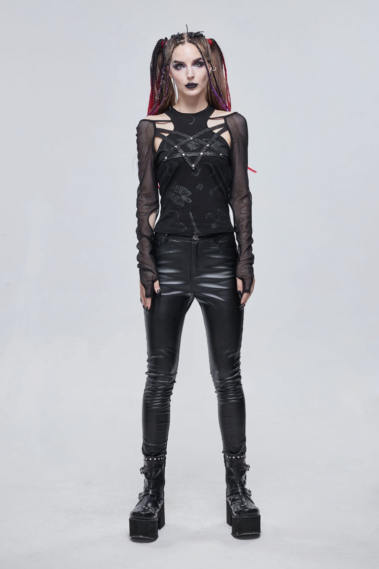 Occult Leather-Striped Long Sleeve Gothic Tee for Women
