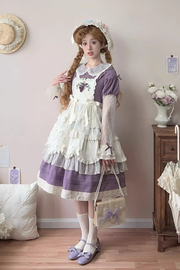 Violet Path Flowers Mist Lapel Collar Long Sleeve Embroidered Bow Lace Dress