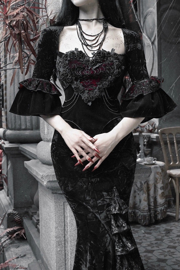 Square-Collar Embroidered Mermaid Gothic Dress in Black