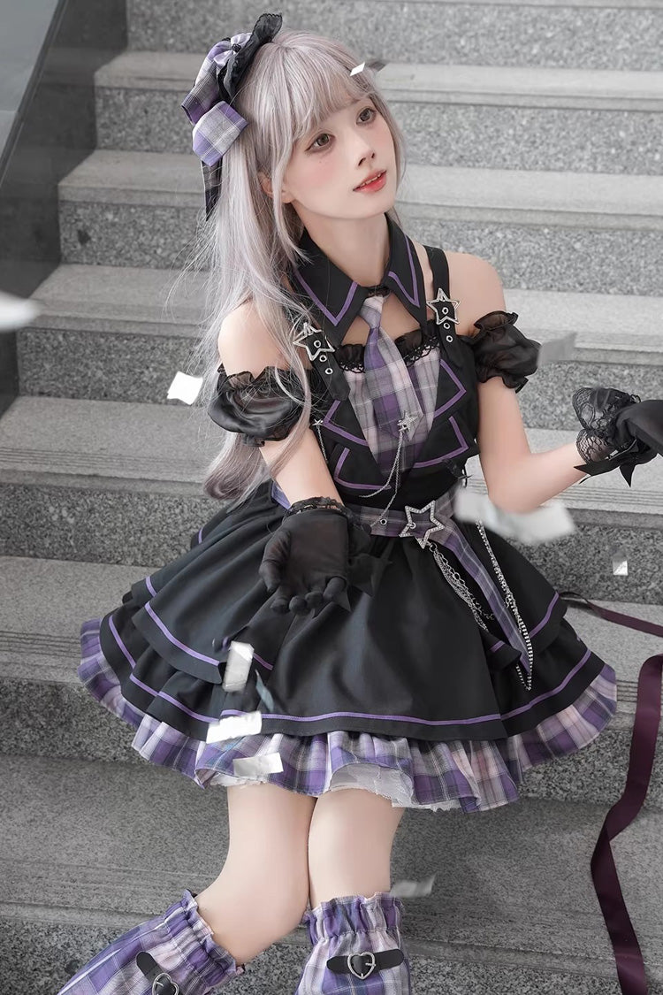 Dark Night Rose Violet Boat Neck Plaid Ruffled Chain-Decorated Gothic Lolita Dress - Dark Night Rose