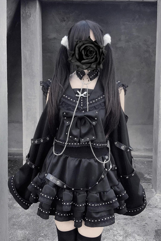 Black Gothic Studded Ruffle Bow Navy-Collar Jirai Kei Top & Skirt