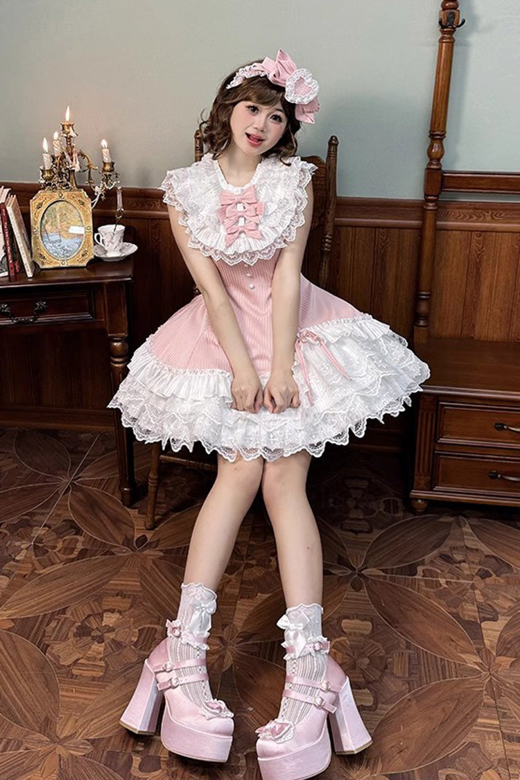 Pink Asymmetric Lace Bow Sleeveless Multi-Layer Ruffle Sweet Lolita Dress - Miss Tsundere