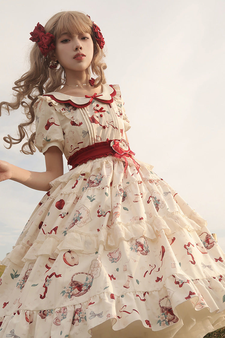 White Apple Tea Printed Country Style Sweet Lolita Dress - Short Sleeved Ruffled