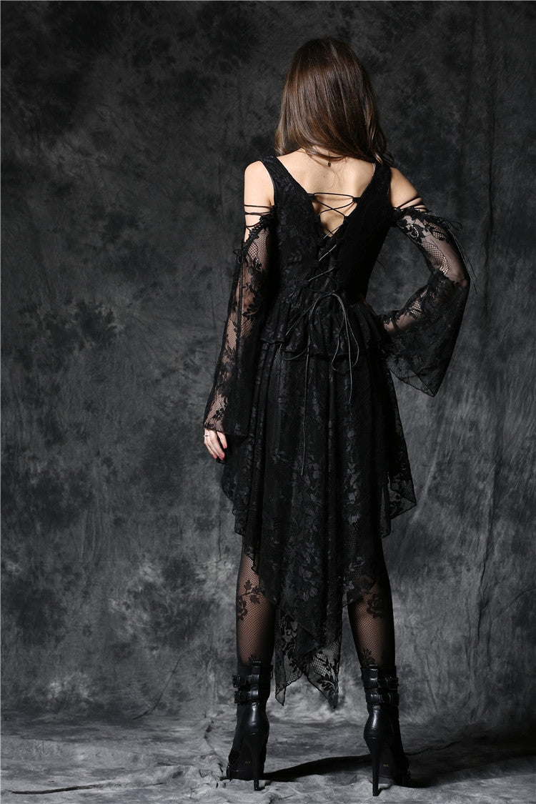 Square Collar Long Sleeves Overlay Embroidered Lace Gothic Dress