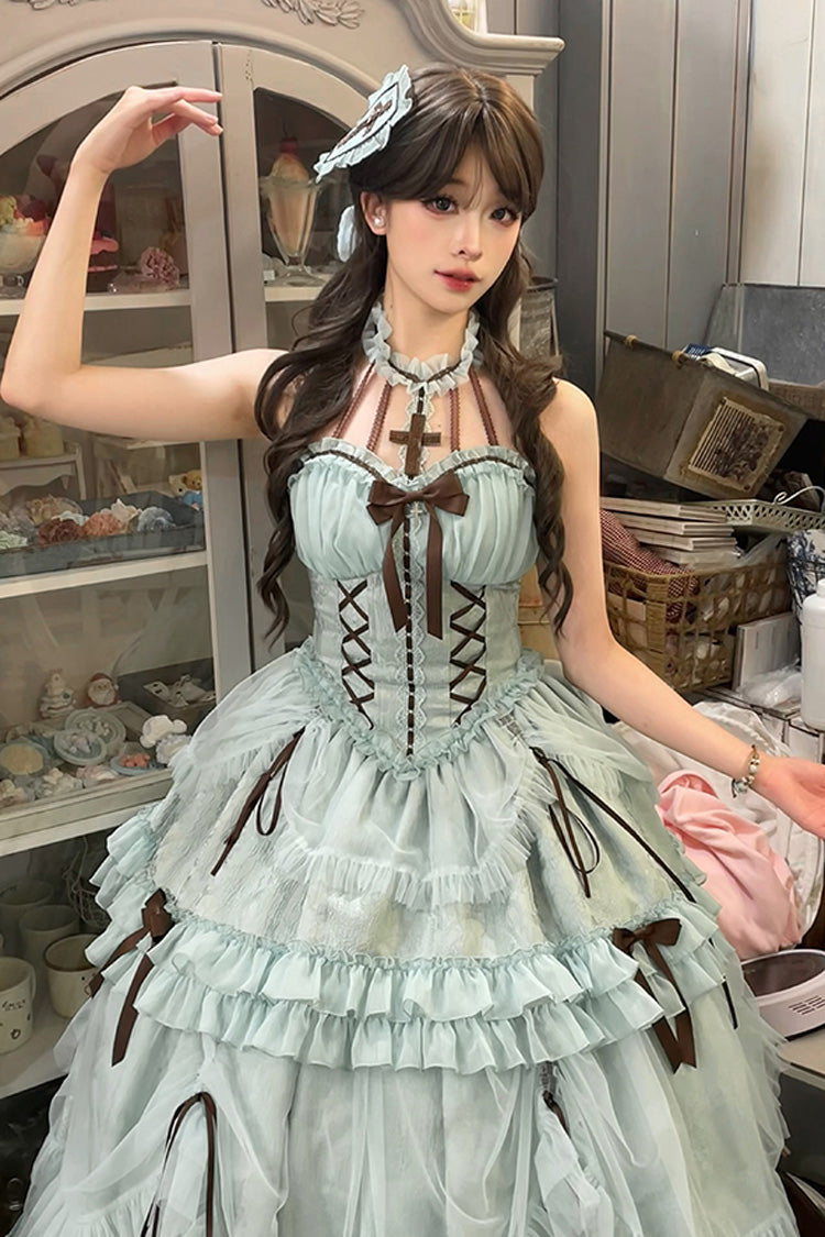 Mint Green Cross Halterneck Lace-Up Princess Sweet Lolita Dress - Ruffled Lace