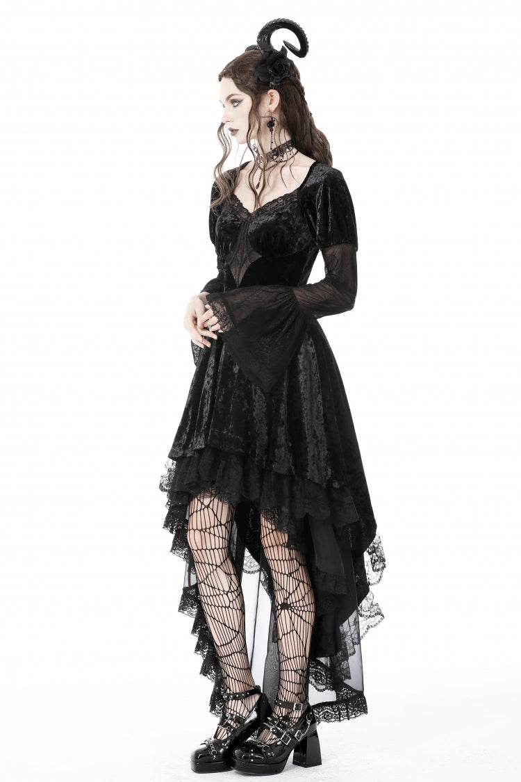 Onyx Velvet Gown with Puffed Sleeves and Asymmetric Lace Trim